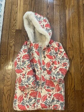 Girls' Floral Quilted Puffer Coat with Hood - Cream & Red